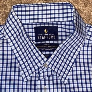 Stafford Men's Blue and White Checkered Dress Fitted Shirt 16 34-35